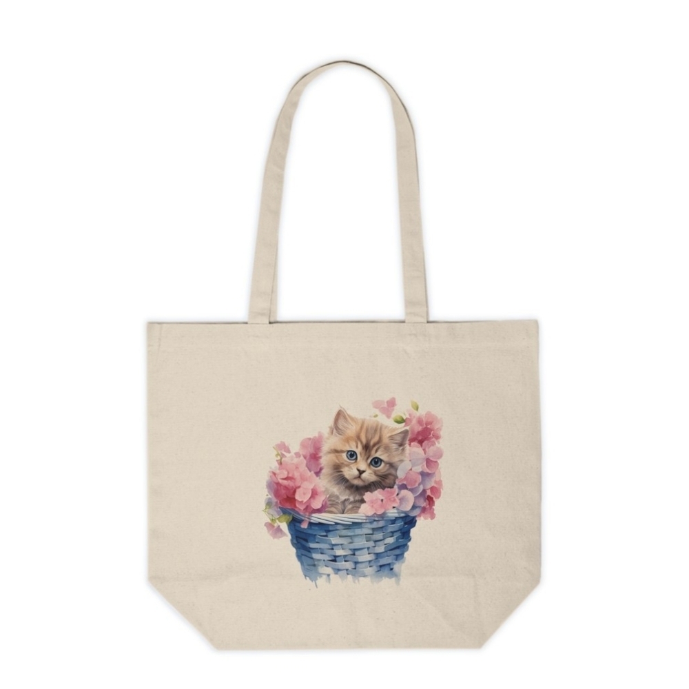 Floral Cat in a Basket Custom Canvas Tote Bag